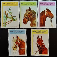 Набор марок (5 шт.). "Лошади-тяжеловозы". 1996 год, Лаос.