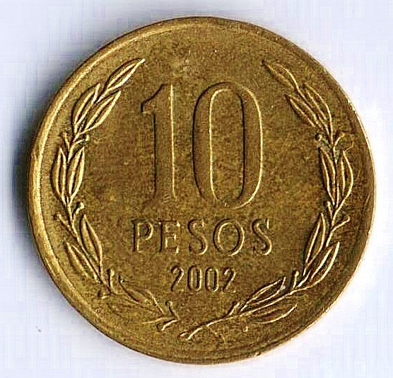 Монета 10 песо. 2002 год, Чили.