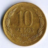 Монета 10 песо. 2002 год, Чили.