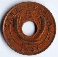 Монета 5 центов. 1943(SA) год, Британская Восточная Африка.