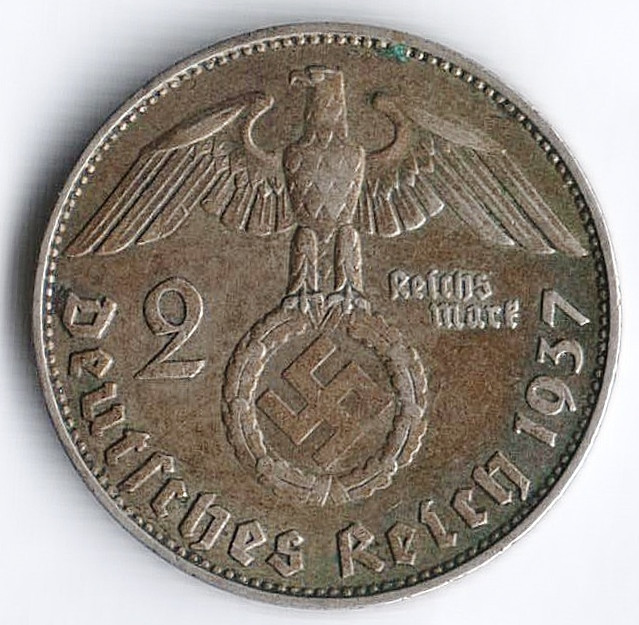 Монета 2 рейхсмарки. 1937(J) год, Третий Рейх. Гинденбург.