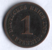 Монета 1 пфенниг. 1909 год (A), Германская империя.