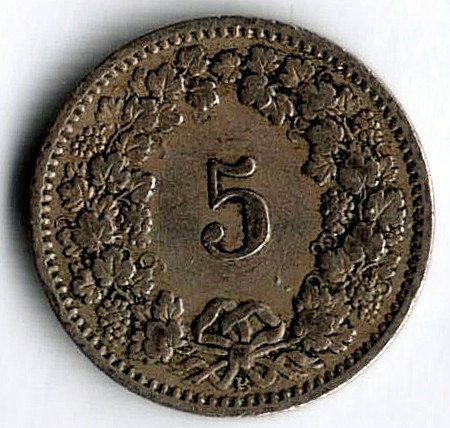 Монета 5 раппенов. 1915 год, Швейцария.