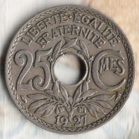 Монета 25 сантимов. 1927 год, Франция.