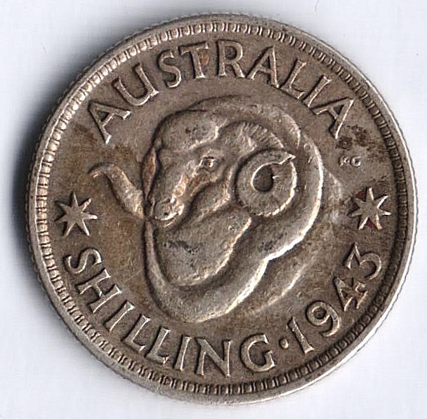 Монета 1 шиллинг. 1943(m) год, Австралия.