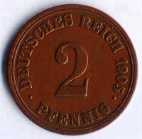 Монета 2 пфеннига. 1905 год (A), Германская империя.