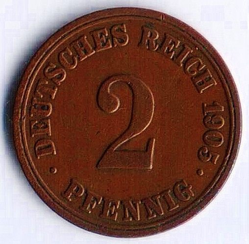 Монета 2 пфеннига. 1905 год (A), Германская империя.