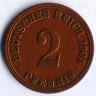 Монета 2 пфеннига. 1905 год (A), Германская империя.