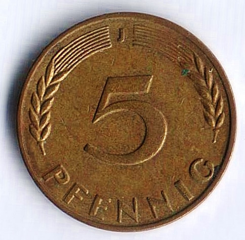Монета 5 пфеннигов. 1970(J) год, ФРГ.