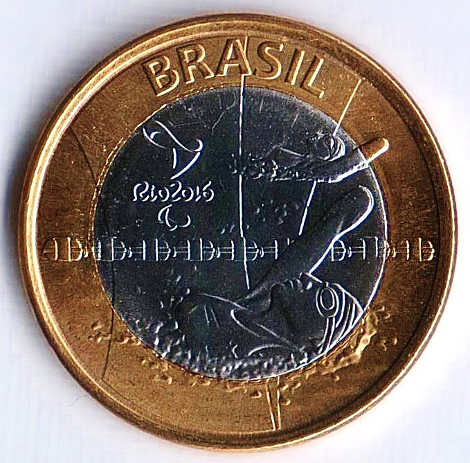 Монета 1 реал. 2016 год, Бразилия. Летние Паралимпийские Игры "Рио-2016", плаванье.