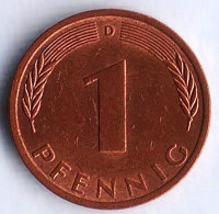 Монета 1 пфенниг. 1974(D) год, ФРГ.