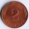 Монета 2 пфеннига. 1990(F) год, ФРГ.