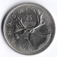 Монета 25 центов. 1974 год, Канада.