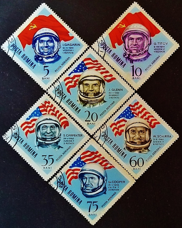 Набор почтовых марок (10 шт.). "Астронавты и космонавты". 1964 год, Румыния.