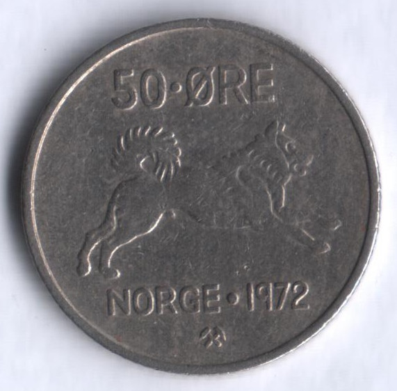 Монета 50 эре. 1972 год, Норвегия.