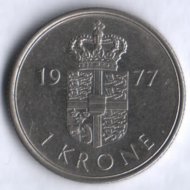 Монета 1 крона. 1977 год, Дания. S;B.