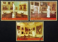 Набор марок (3 шт.) с блоком. "Картинная галерея Палаццо Питти, Флоренция". 1972 год, Аджман.
