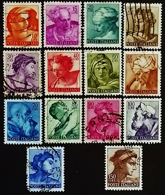 Набор почтовых марок (14 шт.). "Произведения Микеланджело". 1961 год, Италия.