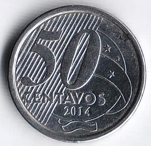 Монета 50 сентаво. 2014 год, Бразилия.