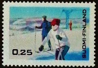 Марка почтовая. "Развитие зимнего туризма". 1968 год, Финляндия.