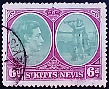 Почтовая марка (6 p.). "Король Георг VI". 1943 год, Сен-Китс и Невис.