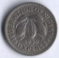 Монета 6 пенсов. 1959 год, Нигерия (колония Великобритании).