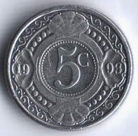 Монета 5 центов. 1993 год, Нидерландские Антильские острова.