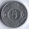 Монета 5 центов. 1993 год, Нидерландские Антильские острова.