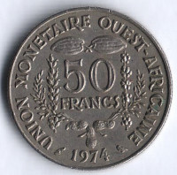 Монета 50 франков. 1974 год, Западно-Африканские Штаты.