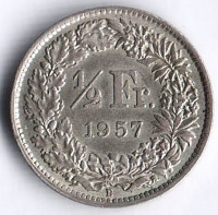 Монета 1/2 франка. 1957 год, Швейцария.