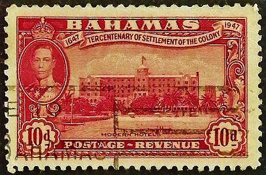 Почтовая марка (10 p.). "300 лет заселения острова Элевтера". 1948 год, Багамские острова.