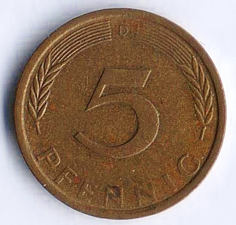Монета 5 пфеннигов. 1971(D) год, ФРГ.