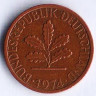 Монета 1 пфенниг. 1974(G) год, ФРГ.
