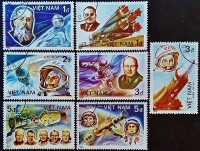 Набор почтовых марок (7 шт.). "25 лет полета человека в космос (I)". 1986 год, Вьетнам.