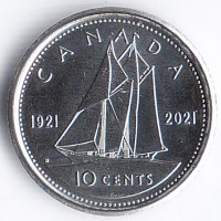 Монета 10 центов. 2021 год, Канада. 100 лет шхуне "Bluenose" (Тип 1).