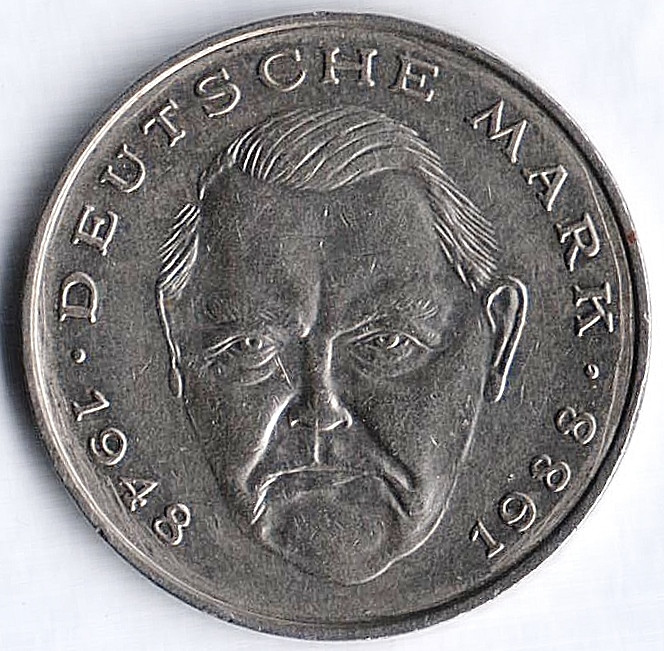 Монета 2 марки. 1989 год (D), ФРГ. Людвиг Эрхард.