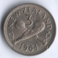 Монета 3 пенса. 1964 год, Новая Зеландия.