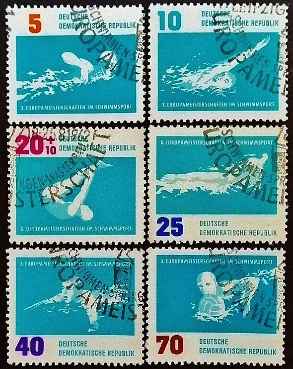 Набор почтовых марок (6 шт.). "Чемпионат Европы по водным видам спорта, Лейпциг". 1962 год, ГДР.