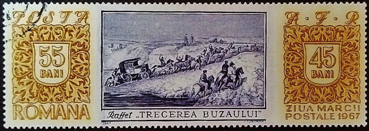 Почтовая марка. «Переправа через реку Бузау», Д.-А.-М. Раффе. 1967 год, Румыния.