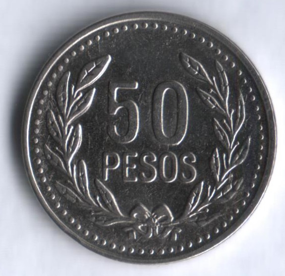 Монета 50 песо. 2008 год, Колумбия.