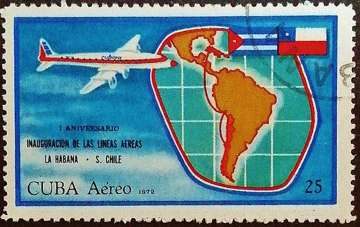 Почтовая марка. "1 год авиасообщению Гавана-Сантьяго". 1972 год, Куба.