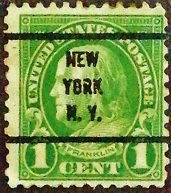 Почтовая марка (1 c.). "Бенджамин Франклин". 1923 год, США. Предварительное гашение "NEW/YORK/N.Y.". Почтовая марка (1 c.). "Бенджамин Франклин". 1923 год, США. Предварительное гашение "NEW/YORK/N.Y.".