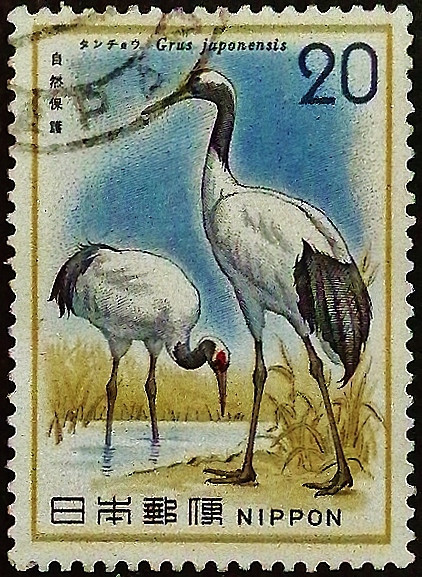 Почтовая марка (20 y.). "Красно-шапочный журавль". 1975 год, Япония.