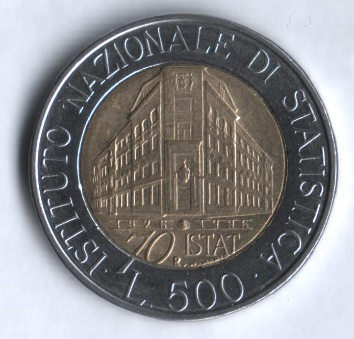Монета 500 лир. 1996 год, Италия. Национальному Институту Статистики - 70 лет.