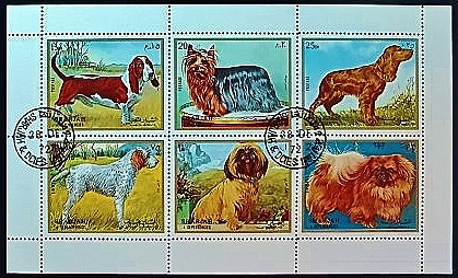 Блок марок (6 шт.). "Собаки". 1972 год, Шарджа.