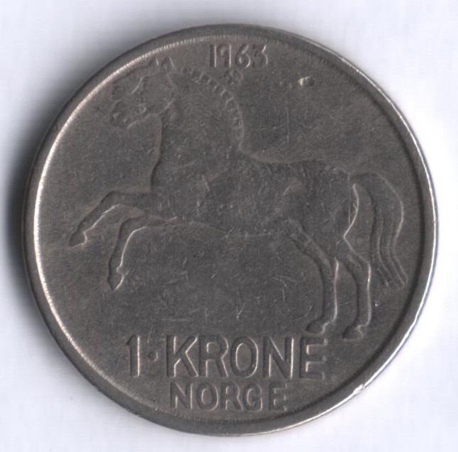 Монета 1 крона. 1963 год, Норвегия.