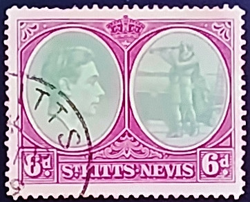 Почтовая марка (6 p.). "Король Георг VI". 1944 год, Сен-Китс и Невис.