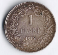 Монета 1 франк. 1912 год, Бельгия (Der Belgen).