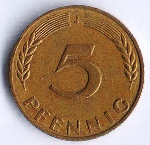 Монета 5 пфеннигов. 1971(J) год, ФРГ.
