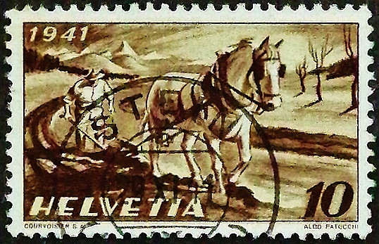 Почтовая марка. "Национальный земледельческий труд". 1941 год, Швейцария.